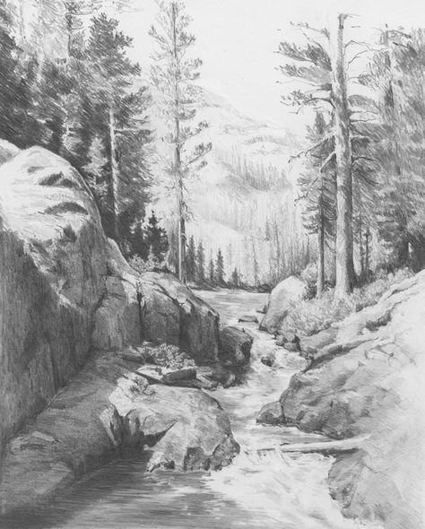 Pencil Drawings Of Nature, Landscape Pencil Drawings, Pencil Drawing Tutorials, Landscape Sketch, Desenho Tattoo, Nature Drawing, Pencil Art Drawings, Landscape Drawings, Cool Landscapes