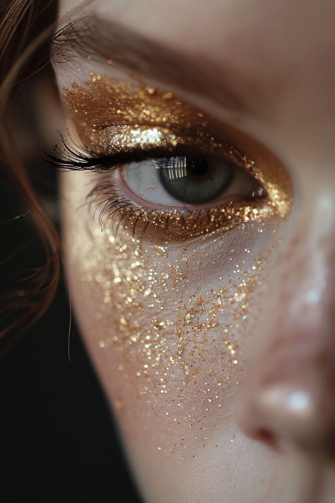 Glittering Gold Leaf Eyeshadow Ideas For Wedding Leaf Eyeshadow, Golden Eyeshadow Looks, Golden Photoshoot, Apply Mascara Perfectly, Make Up Yeux, Eye Project, Golden Eye Makeup, Golden Makeup, Goddess Makeup