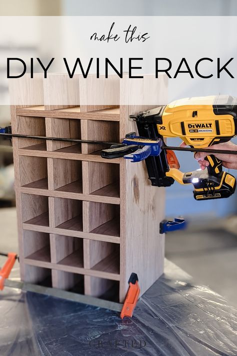 Have some scrap plywood laying around? Turn it into a beautiful DIY wine rack! This DIY wine rack can store 18 bottles of wine. Make yours today! Diy Wood Wine Holder, Tree Wine Rack, Diy Wine Rack Projects Wood, Diy Small Wine Rack, Diy Wine Storage Wall, Diy Wine Storage Ideas, How To Build Wine Rack, Wine Shelving Ideas, Diy Wine Cube Storage