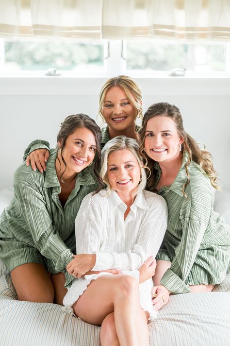 Bride and bridesmaids getting ready wearing matching PJs in sage green before Cape Cod beach wedding. Photography by Sarah Surette, Boston and New England Photographer. Sage Green Bridesmaid Getting Ready, Sage Green Getting Ready Outfit, Bridesmaid Getting Ready Outfit Fall, Wedding Party Getting Ready Outfits, Getting Ready Outfits For Bridesmaids, Bridal Party Getting Ready Outfit, Bridal Getting Ready Outfit, Getting Ready Wedding Outfit, Wedding Getting Ready Outfit