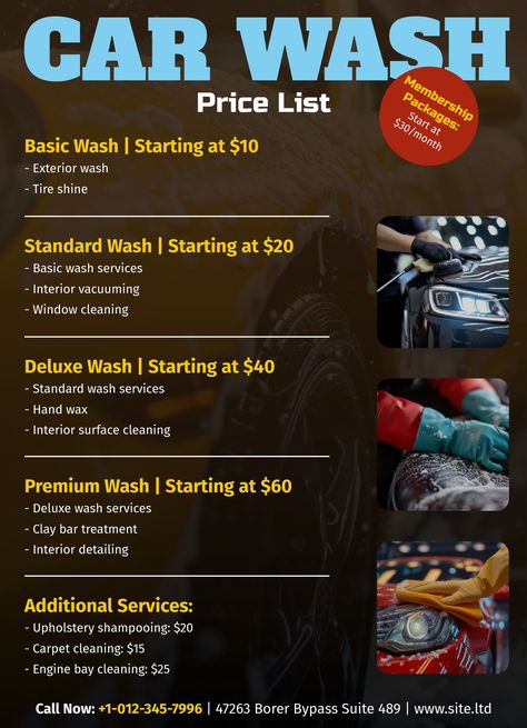 An easy-to-edit price list template for Google Docs. Car Wash Prices, Car Wash Posters, Clay Bar, Docs Templates, Price List Template, Price List, Google Docs, Window Cleaner, Car Wash