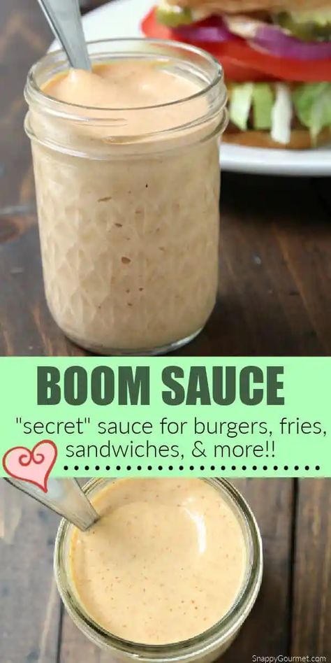 Boom Sauce - delicious homemade burger, french fry, sandwich, onion ring, etc. sauce! Boom Sauce Recipe, Boom Sauce, Fry Sauce Recipe, Sandwiches Chicken, Burger Sauces Recipe, Best Sauce Recipe, Easy Burgers, Sandwich Sauces, Chicken Salads