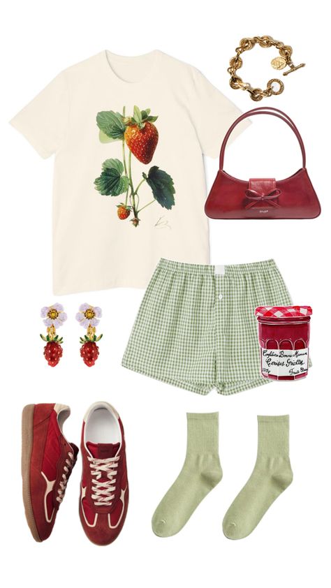 Summer Outfit Cottagecore, Art Aesthetic Outfit Ideas, Grandma Core Outfit Summer, Strawberry Girl Aesthetic Outfit, Strawberry Girl Outfit, Cottagecore Outfits Summer, Summer Cottagecore Outfits, Strawberry Clothing, Cottage Core Outfit