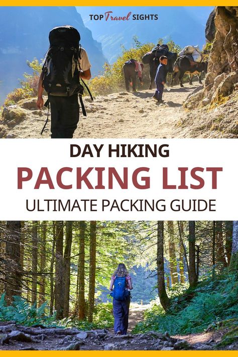 Check out this ultimate day hiking packing list to find out what to take on your next hike. Never be unprepared anymore and stop wondering what to pack for a day hike, because we have you covered. Hiking Packing List, Jungle Hike, Packing Guide, Hiking Pack, Trekking Poles, Inca Trails, Alpine Lake, Go Hiking, What To Pack