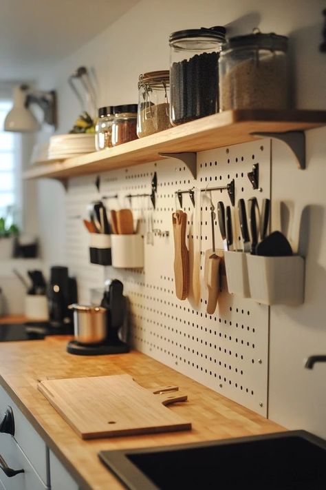 "Elevate your kitchen with stylish DIY Pegboard Organizers! 🛠️🍳 Perfect for creating a clutter-free and efficient cooking area. 🌟✨ #KitchenOrganization #DIYInspiration #PegboardDecor" Kitchen Pegboard, Pegboard Kitchen, Diy Pegboard, Pegboard Organization, Cooking Area, Peg Board, Home Reno, Diy Inspiration, Kitchen Organization