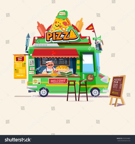 Food Truck Concept, Truck Concept, Pizza Food Truck, Car Food, Hot Dog Stand, Food Truck Design, Truck Art, Paper Illustration, Food Cart