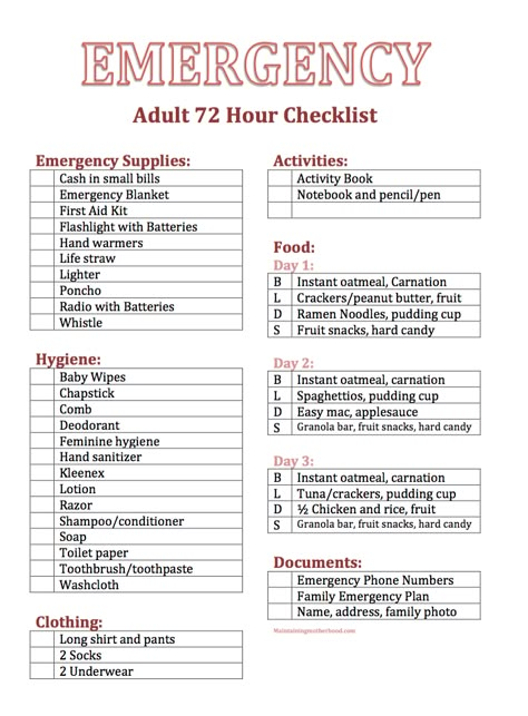 72 Hour Kits, do you have yours? Follow the simple checklist and menu plan to put together everything you need for your Adult 72 Hour Kit today! #prepkit Emergency Checklist, Emergency Preparedness Checklist, 72 Hour Emergency Kit, Family Emergency Binder, Emergency Binder, Emergency Prepardness, 72 Hour Kits, Emergency Survival Kit, Emergency Preparedness Kit