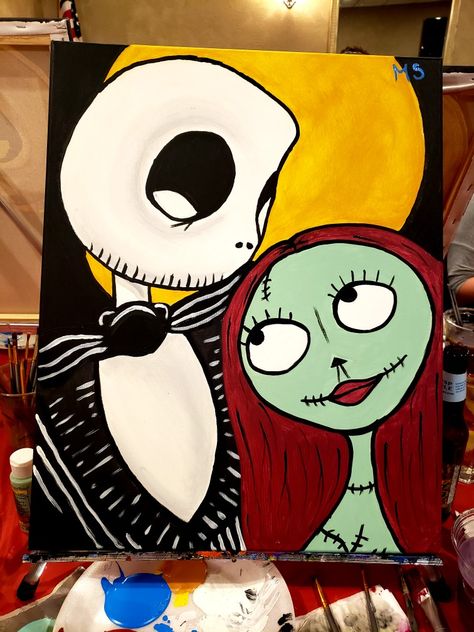 Jack and Sally paint class Oct. 2019 Jack And Sally Art, Chucky Painting Easy, Jack Skellington Painting, Sally Painting, Jack And Sally Painting, Sally And Jack Painting, Easy Jack And Sally Painting, Nightmare Before Christmas Canvas Art, Jack And Sally Painting Canvases