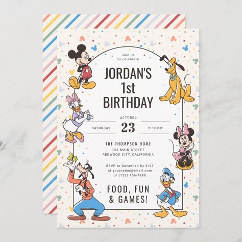 Disney's Mickey & Friends Character Birthday Invitation Disneyland Birthday Invite, Disneyland Theme Invitation, Mickey And Minnie Themed Birthday Party, Disneyland Party Invitations, Disney Theme First Birthday Boy, Disneyland Birthday Invitations, Disney Third Birthday, Disney 1st Birthday Theme, Disney Castle Birthday Party