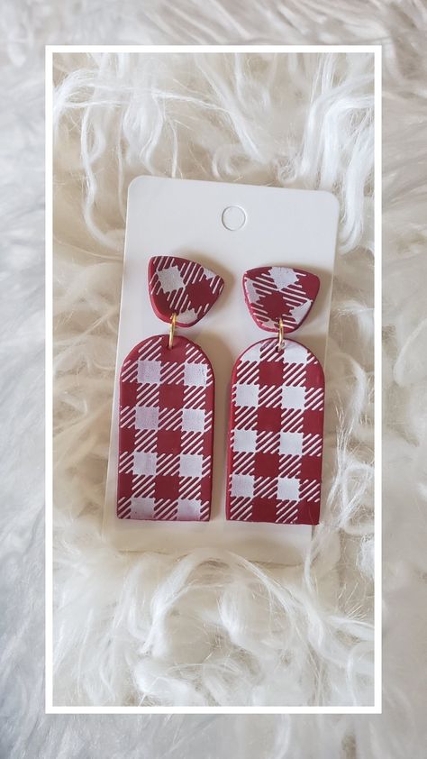 Beautiful clay earrings in Red and silk screened with a plaid pattern. Gingham Clay Earrings, Gingham Polymer Clay Earrings, Clay Plaid Earrings, Polymer Clay Red Earrings, Clay Silk Screen, Plaid Earrings, Handmade Clay Earrings, Knot Studs, Polymer Clay Jewelry Tutorials