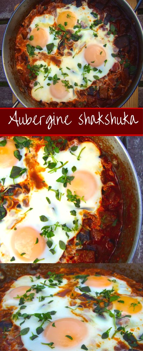 A spicy, garlicky, saucy shakshuka with aubergine (eggplant) that makes a great breakfast, brunch or dinner! Serve with pita bread to soak up the sauce.  #shakshuka #brunch #breakfast #eggs #whole30 #vegetarian Aubergine Recipe, Kosher Recipes, Eggplant Recipes, Pita Bread, Middle Eastern Recipes, The Sauce, Meat Free, Vegetarian Dishes, Cayenne