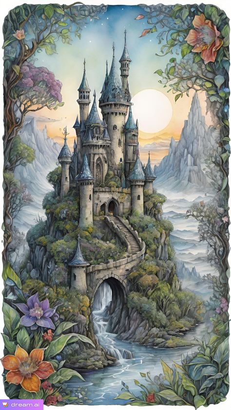 Fantasy Castle Painting, Castle Paintings, Tiny Glade, Castle Crafts, Castle Tattoo, Castle Illustration, Castle Painting, Fairy Castle, Gothic Castle