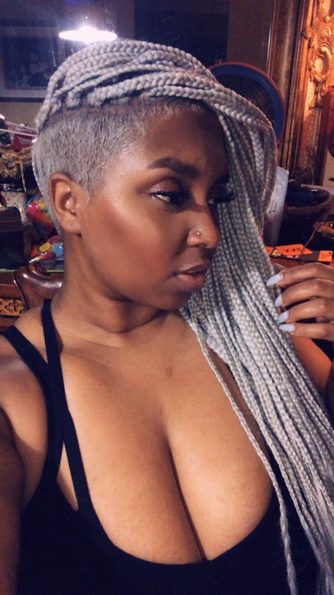 Gray Box Braids with undercut Undercut Box Braids, Braids For Undercut Hair, Side Shave With Braids, Gray Box Braids Hairstyles, Box Braids On Short Natural Hair, Knotless Braids With Undercut, Box Braid Mohawk, Box Braids With Shaved Sides And Back, Undercut With Box Braids