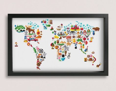 World Map Cross Stitch, Map Cross Stitch Pattern, Cross Stitch Map, Map Embroidery, Map Cross Stitch, Galaxy Cross, Needlecraft Patterns, Pattern Printable, Beautiful Cross Stitch Pattern