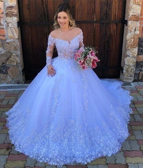 Princess Ball Gowns Wedding Dress, Blue Wedding Dress, Long Sleeve Wedding Gowns, Fancy Wedding Dresses, Floral Wedding Dress, White Princess, Princess Ball Gowns, Jewel Neckline, Long Sleeve Wedding