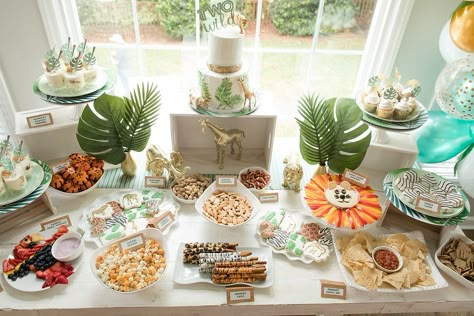 Wild One And Three Birthday, Wild One Themed Birthday Party Food, First Birthday Party Safari Theme, Safari Birthday Food Table, Wild One Sweets Ideas, Jungle Theme Birthday Food Ideas, Wild One Snack Table, Safari Appetizers Jungle Party, Wild Party Food Ideas