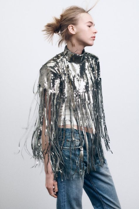 Cape Outfit, Sequin Cape, Sparkly Party, Sequin Appliques, Feather Headband, Silver Tops, Top Crop, Trench Coats Women, Zara United States