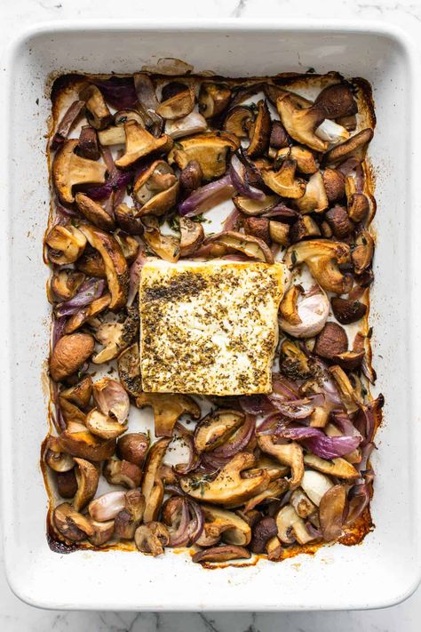 This Baked Feta Pasta with Mushrooms recipe is simple to make and creates the perfect sauce for a sweet, salty creamy pasta. Mushroom And Feta Recipes, Mushroom Feta Pasta, Feta Sauce Pasta, Block Feta Recipes, Feta Ideas, Baked Feta Recipe, Pasta With Mushrooms, Baked Feta Pasta, Quick Baking