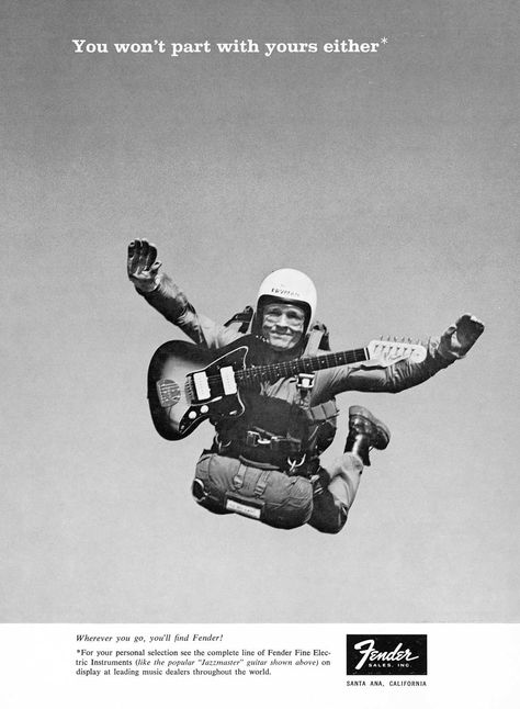 Robert Perine's famous skydiving Jazzmaster lover Fender ad. "You won't part with yours either." Vintage Guitar Amps, Fender Jazzmaster, Air Guitar, Leo Fender, Fender Vintage, Fender Guitar, Music Images, Guitar Hero, Old Ads