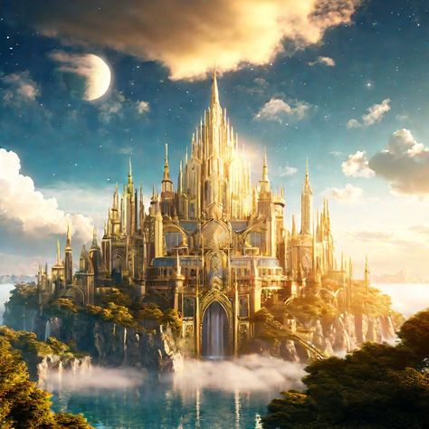 Celestial kingdom by Flavio Eduardo Lopes Alosilha - Playground Light Kingdom Fantasy Art, Golden Kingdom Fantasy Art, Fantasy Kingdom Cities, Fantasy Kingdom Aesthetic, Celestial Castle, Sun Castle, Castle Concept Art, Kingdom Of Light, Celestial Kingdom