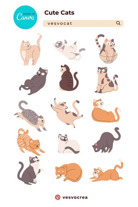 Kawaii Cute Cat Canva Elements Keyword cuteth Canva Animals Elements, Canva Sticker Keyword, Animal Character Illustration, Cat Elements, Canva Sticker, Character Illustration Design, Cat Vector Illustration, Drawing Decoration, Print Sketch