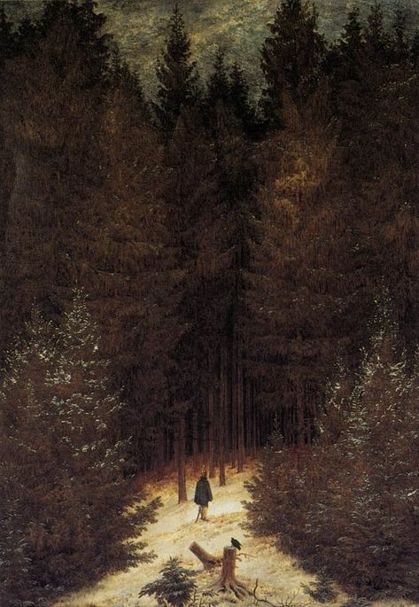 ‘The Chasseur in the Forest’ by Caspar David Friedrich (1774-1840), a German Romantic landscape artist. He was inspired to create this haunting image following Napoleon’s defeat in 1814. German Romantics saw the country’s dense forests as symbols of German identity and links to their ancient past. Here the forest is poised to swallow up the lone French soldier. Casper David, John Bauer, David Friedrich, Caspar David Friedrich, Forest Color, Forest Art, Romantic Art, Caravaggio, Jolie Photo