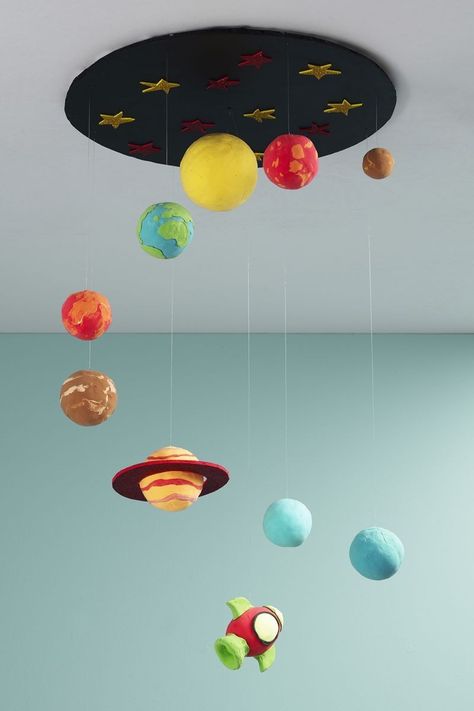 Solar System Styrofoam Balls, Diy Planet Mobile, Styrofoam Planets Diy, Paper Mache Solar System, Diy Galaxy Decor, Planet Diorama, Clay Planets, Paper Mache Planets, Solar System Hanging