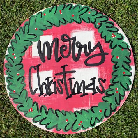 Christmas Painted Door Hangers, Painted Door Hangers Christmas, Chrismtas Door Hanger, Door Hanger Paint Party, Round Hand Painted Christmas Door Hanger, Door Hangers Christmas, Art Hanger, Christmas Farmhouse, Christmas Door Hanger