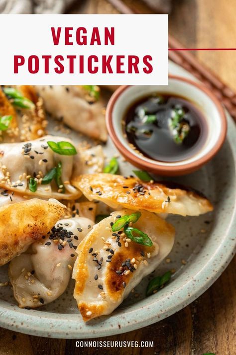 These vegan potstickers are fun to make and even more fun to eat! Bursting with veggies and spices, crispy on the bottom, soft and sticky on top, they make a delicious appetizer that will be a hit at your next gathering. Vegetable Potstickers, Vegan Potstickers, Vegan Chinese Food, Chili Dipping Sauce, Potstickers Recipe, Chinese Dumpling, Vegan Apps, Vegan Asian, Vegan Comfort Food