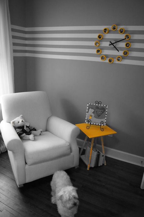 The Humble Abode: Baby B's Yellow and Grey Nursery Reveal Hiasan Bilik Tidur, Diy Wall Painting, Room Wall Painting, Striped Walls, Bedroom Wall Designs, Bedroom Wall Paint, Wall Paint Designs, Chair Rail, Bedroom Paint