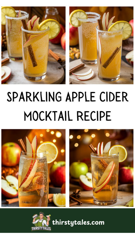 "Discover the perfect Sparkling Apple Cider Mocktail recipe for your next  gathering! This non-alcoholic sparkling apple cider drink is a refreshing  blend of crisp flavors, making it an ideal choice for any festive occasion.  Enjoy the delightful Apple Cider Fizz Mocktail that captures the essence of  autumn with every sip. Our easy Sparkling Apple Cider Mocktail is not only  delicious but also a great alternative to traditional cocktails!" Mocktail Apple Cider, Mocktail With Apple Cider, Sparkling Apple Cider Mocktail Non Alcoholic, Sparkling Apple Cider Mocktail Recipe, Apple Cider Non Alcoholic Drinks, Sparkling Cider Mocktail Non Alcoholic, Apple Cider Mocktail Recipe, Apple Cider Mocktail Non Alcoholic, Non Alcoholic Drinks For Fall