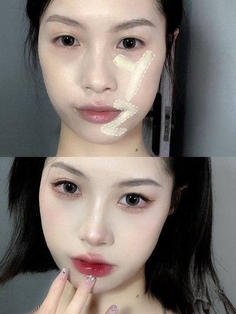 Douyin Makeup Tutorial Concealer, Douyin Concealer Hack, Concealer Placement Douyin, Concealer Tips How To Apply Korean, Concealer For Beginners, Concealer Tips How To Apply, Concealer Tutorial, Concealer Hacks, Contour Tips