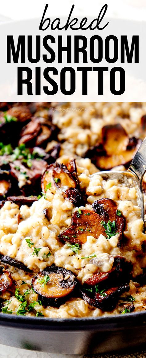 BAKED Mushroom Risotto - you will be BLOWN away at how easy this is!  It's unbelievably creamy, garlicky, warm, and comforting loaded with caramelized shallots and buttery mushrooms!  #recipes #dinner #risotto #mushroomrisotto #Parmesan #mushrooms #mushroomrecipes #sidedish #dinnerside #recipesfordinner #easyrecipe #easydinner #dinner #dinnerrecipes #dinnerideas #dinnertime #rice #ricerecipes  via @carlsbadcraving Best Mushroom Risotto Recipes, Mushroom Risotto For Two, Risotto In The Oven, Easy Risotto Recipes Oven Baked, Mushroom Parmesan Risotto, Carnaroli Rice Recipes, Risotto With Mushrooms, Mushroom Rissoto Recipe, Baked Rissoto