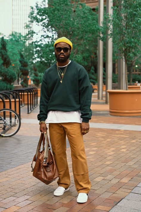 Pants, color palette. I like the hat & sunglasses combo Streetwear Fashion Neutral Colors, Urban Street Style Male, Street Style Color Palette, Color Palette Outfit Men, Male Color Palette, Streetwear Color Palette, Colorful Male Outfits, Sunglasses Mens Outfit, Thrifted Mens Outfits