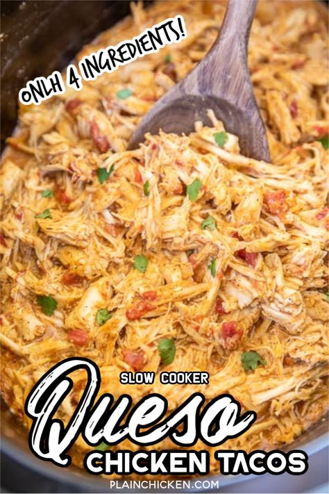 Slow Cooker Queso Chicken, Queso Chicken Tacos, Mexican Cheese Dip, Slow Cooker Queso, Tacos Dinner, Queso Chicken, Dinner Videos, Chicken Mexican, Tacos Recipes