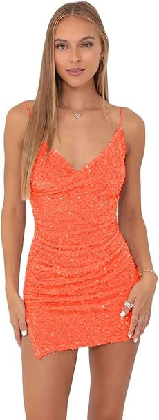 Cute Dresses For Semi Formal, Windsor Red Dress, Amazon Sequin Dress, Hoco Dresses White Sparkle, Quince Short Dress, Hoco Dresses For Small Chest, Fall Ball Dresses Short, Homecoming Dresses Windsor, Orange Sparkly Dress