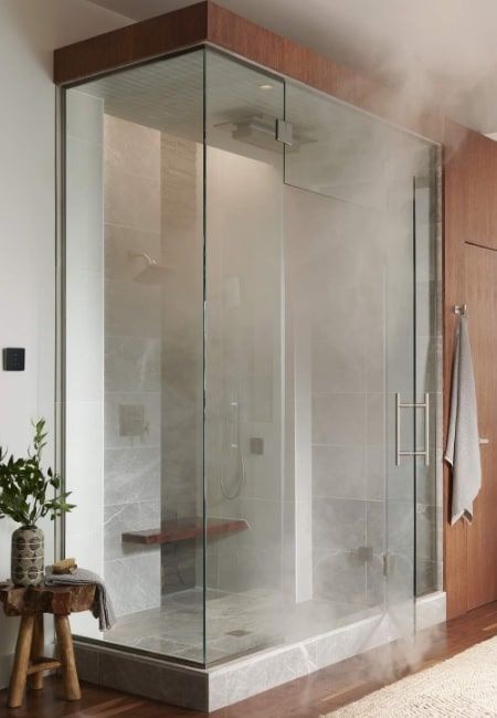 Check out the new Brizo Mystix steam shower system available on sale now at PlumbersStock. Learn all about this home spa setup. Modern Steam Shower Design, Diy Steam Shower Ideas, Shower Steam Room Combo, Steam Shower, Steam Showers Bathroom Master Bath, Mountain Bathroom, Bidet Toilet Combo, Toto Washlet, Shower Lighting