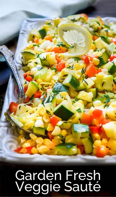 a platter of veggie saute. Summer Vegetable Medley, Corn Medley Recipe, Zucchini And Corn Recipes, Corn Medley, Corn Recipes Healthy, Confetti Corn, Fresh Corn Recipes, Succotash Recipe, Summer Side Dishes Recipes