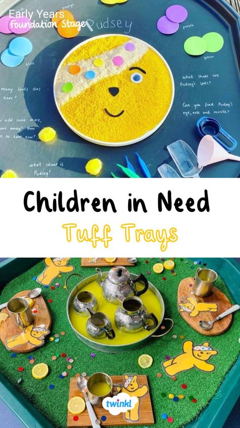 Children in need tuff tray ideas eyfs! Practice those fine motor skills or explore mathematics and get creative! Click on the pin for more children in need resources. Special thanks to @amys_childminding @dreamcatchers_parkgate Children In Need Preschool Activities, All About Me Tuff Tray Ideas Eyfs, Pudsey Bear Tuff Tray, Children In Need Eyfs Activities, Preschool Activities Eyfs, Children In Need Tuff Tray, Eyfs Transport Activities, Children In Need Activities Pudsey, Children In Need Crafts