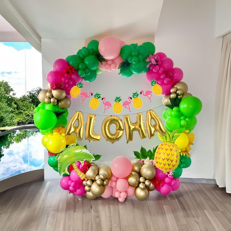 PRICES MAY VARY. 【Tropical Themed Balloon Kit】Includes the following 146 different sizes of 5/10/12/18 inch balloons, we chose hot pink/lime green/light pink/yellow/gold as the theme color palette, added flamingo banner, coconut tree, 16-inch letter "ALHA" and pineapple mylar balloons, free balloon tools make it easier for you to DIY, very suitable for tropical Hawaiian, beach, ALOHA,Luau theme parties. Can be used for birthday celebrations. 【100% Reliable Color 】 We insist on 100% real photogra Luau Prom Theme, Hawaii Theme Party Decorations, Birthday Beach Party, Hawaii Party Decorations, Hawaii Themed Party, Indoor Picnic, Aloha Party, Luau Theme Party, Outside Baby Showers