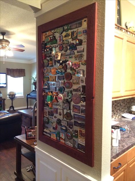 Our travel magnet board is up and it's full! Bought Sheet metal from a sheet metal company and then made a simple frame for it. Travel Magnet Display Ideas, Diy Display Case, Magnet Display, Travel Magnets, Magnet Frame, Souvenir Display, Sliding Door Lock, Collection Room, Glass Sliding Door