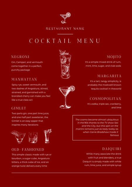 Cocktail Sketch in Stylish Minimal Maroon Online Menu Template - VistaCreate Bookstore Bar, Cocktail Sketch, Cocktail Menu Design, Sketch Bar, Red Drinks, Menu Layout, Seven Springs, Jazz Bar, Menu Design Template