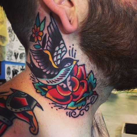 #Neck #Tattoo #Designs Traditional Tattoo Neck, Neck Tattoos For Guys, Live Free Tattoo, Rose Neck Tattoo, Front Neck Tattoo, Traditional Tattoo Old School, Throat Tattoo, Korean Tattoos, Omerta Tattoo