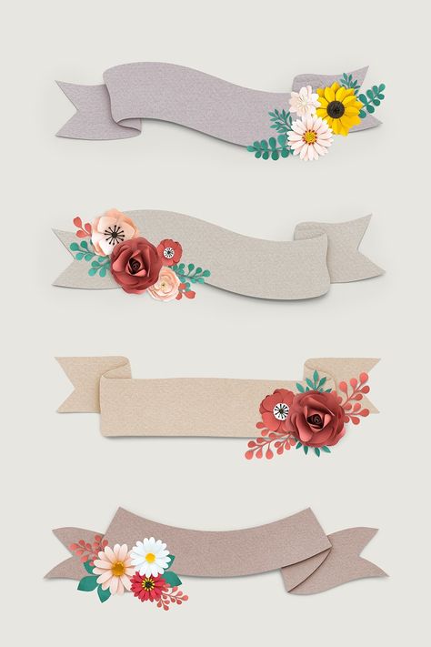 Floral banner design vector set | premium image by rawpixel.com / Minty Ribbon Paper, Page Borders Design, Floral Banners, Ribbon Banner, Floral Border Design, Floral Ribbon, Flower Background Wallpaper, Flower Graphic, Craft Paper