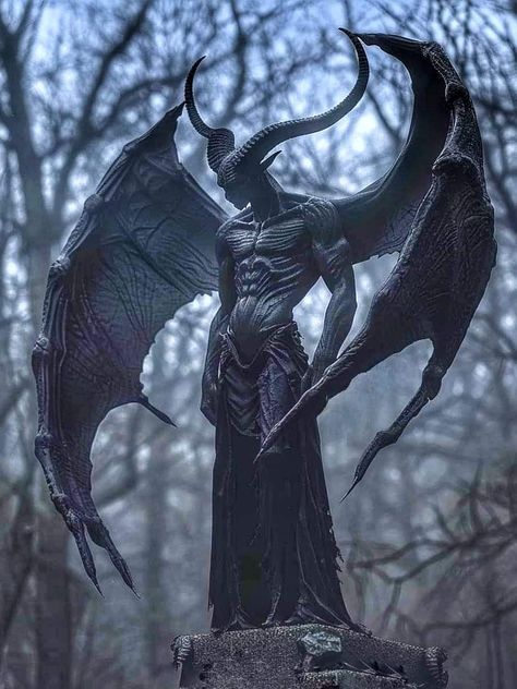 Angel Horns, Demon With Wings, Scary Angel, Lucifer God, Winged Demon Art, Demon Horns Aesthetic, Demon Sculpture, Demon Painting Dark Art, Angel With Horns Fantasy Art