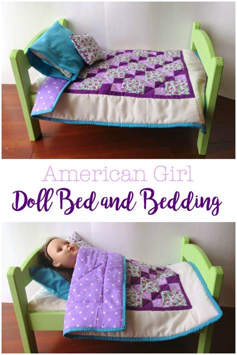 Doll Bed and Bedding Set, Painted wooden doll bed from Ikea, tutorial to make mattress, quilt, and pillows Diy Doll Bed Wood, Doll Blankets To Sew, Diy Baby Doll Bed, Diy Doll Mattress, Doll Bed Diy, Doll Blankets, American Girl Doll Bed, Animal Clothes, Baby Doll Bed