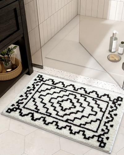 Black And White Bathroom Rug, Bathroom Goals, Boho Geometric, Slip And Fall, Bohemian Rhapsody, White Bathroom, Bath Rugs, Needle Felting, Soft Plush