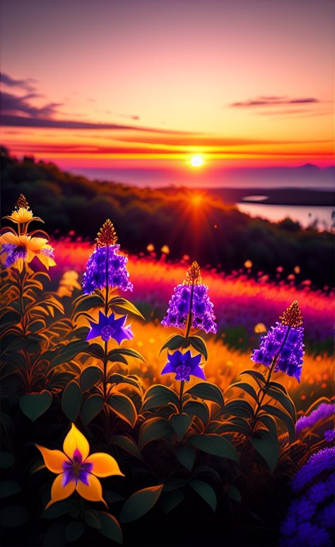 Sunsets With Flowers, Flowers At Sunset, Sunset With Flowers Wallpaper, Sunrise Flowers Mornings, Flower Field And Sunset, Natural Beauty Photography, Sunrise Wallpaper, Pink Flowers Wallpaper, Sunset Rose