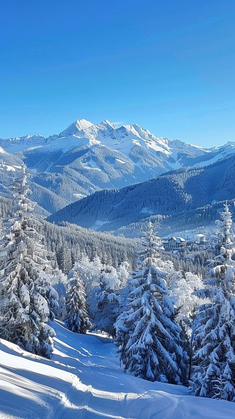 Winter Mountain Splendor: Breathtaking winter scenery showcasing snow-covered trees and majestic mountains under the clear blue sky. #winter #mountains #snow #trees #blue sky #aiart #aiphoto #stockcake ⬇️ Download and 📝 Prompt 👉 https://ayr.app/l/KPDB Winter Nature Wallpaper, Winter Time Aesthetic, Winter Aesthetic Blue, Early Winter Aesthetic, Scenery Mountain Landscapes, Winter Aesthetic Night, Winter Blue Aesthetic, Blue Aesthetic Winter, Mountain View Aesthetic