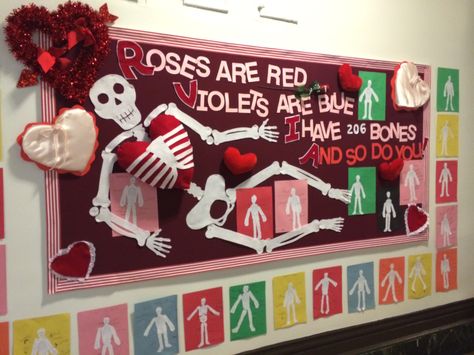 Roses are Red Bulletin Board. 1st grade learns about bones in Science. 3D Bulletin Board, so cute! Middle School Classroom Decorating Ideas, School Nurse Door Decoration, Nurse Door Decorations, School Nurse Decorations, Nurse Decorations, Health Science Classroom, School Nurse Elementary, School Nurse Door, Health Classroom